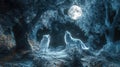 Two white wolves howling at the full moon in a mystical forest at night Royalty Free Stock Photo