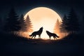 Two wolves howling at a large full moon in a dark forest with tall pine trees Royalty Free Stock Photo