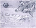 Two wolves howling at the moon , a panther Series of realistic animals for postcards with vintage background,doga swan in the lak