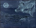 two wolves howling at the moon Series of animals with vintage background, artistic postcards