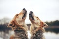 two wolves howling in synchronization Royalty Free Stock Photo