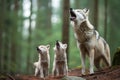 two wolves howling with their baby in forest Royalty Free Stock Photo