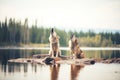 two wolves howling in unison beside a lake Royalty Free Stock Photo