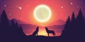 Two wolves by the lake howling to the full moon in starry sky Royalty Free Stock Photo