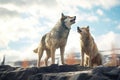 two wolves, one howling one standing guard Royalty Free Stock Photo