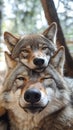 Two wolves resting closely together in a serene forest setting during sunset hours Royalty Free Stock Photo