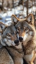 Two wolves resting closely together in a serene forest setting during sunset hours Royalty Free Stock Photo