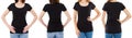 Two woman in black t-shirt : cropped image front and rear view, t-shirt set, mockup tshirt blank