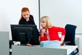 Two woman colegues working on computer in office