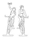 Two woman at cycling class exercise bike spinning fitness continuous line vector illustration Royalty Free Stock Photo