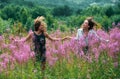 Two woman friend. Carefree lesbian girl sunny park nature landscape background. Royalty Free Stock Photo