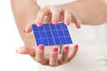 Two Woman Hands Protecting Blue Solar Cell Pattern Panel. 3d Rendering Royalty Free Stock Photo