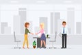 Two woman hands shaking meeting appointment with man assistant vector. Partners negotiate at office interior cartoon character set Royalty Free Stock Photo