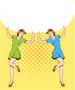 Two woman hold blank white paper poster. Pop art comic retro style vector illustration. Royalty Free Stock Photo