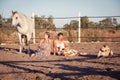 Two woman horse and dog outdoor in summer happy Royalty Free Stock Photo