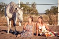 Two woman horse and dog outdoor in summer happy Royalty Free Stock Photo