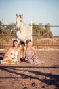 Two woman horse and dog outdoor in summer happy Royalty Free Stock Photo