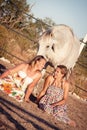 Two woman horse and dog outdoor in summer happy Royalty Free Stock Photo