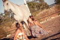 Two woman horse and dog outdoor in summer happy Royalty Free Stock Photo