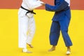 Two woman judo fighters in white and blue uniform. Professional sport concept Royalty Free Stock Photo