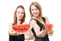 Two woman with lobule of watermelon Royalty Free Stock Photo