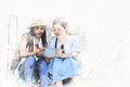 Two woman looking map for traveling in the city on watercolor illustration painting background.