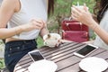 Two woman meet in coffee shop takl without use smartphone Royalty Free Stock Photo