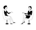 Two women sit on chairs and talk. Black and white vector illustration.