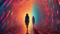 Two woman walking through a tunnel of colorful neon lights