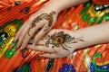 Two womans hands mehendi picture orange bright fabric with pleats