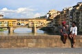 African American tourists in Florence Italy enjoying the Ponte Vecchio