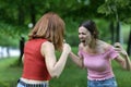 Two women arguing aggressively in a park Royalty Free Stock Photo