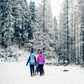 Two women with baby stroller enjoying motherhood in winter forest Royalty Free Stock Photo