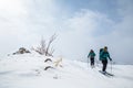 Two women backcountry skiing, hiking to the top of a peak in Hokkaido, Japan