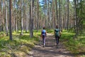 Two Women With Backpacks Trekking On Forest Path Royalty Free Stock Photo