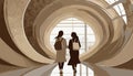 Two women with bags walking in the airport. Drawing with rear view silhouettes and shapes in shades of brown. Royalty Free Stock Photo