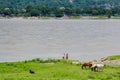 Two women on the bank of the Ganga river, Haridwar. India