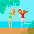 Two women on the beach, girlfriends or lesbi couple, vector illustration
