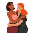 Two Women, Beaming With Joy, Embrace In A Warm, Friendly Hug, Their Laughter Echoing Their Deep Bond Vector Illustration