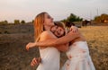 Two women best friends having fun in the village. Outdoor portrait of two happy sisters. Royalty Free Stock Photo