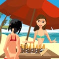 Two women in a bikini playing chess sitting on the beach Royalty Free Stock Photo