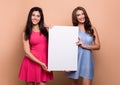 Two women with blank empty banner on peach background Royalty Free Stock Photo