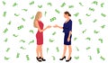 Two women businesswomen secure handshake agreement on cooperation on background of flying money. Vector illustration