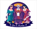 Two Women with Calavera dresses, a Mariachi skeleton, and a sombrero celebrate the Day of Dead, Dia de Los Muertos Mexican Holiday Royalty Free Stock Photo