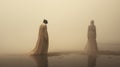 Ethereal Forms: Two Women Embracing The Beach In Enigmatic Fog Royalty Free Stock Photo
