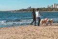 Two women in casual attire walking chow chow dogs by the sea in Istanbul