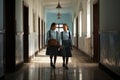 Two women casually walking side by side down a well-lit hallway in a modern building, Two young schoolgirls walking along outdoor