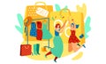 Two women celebrate sales with joy, surrounded by bags, clothes, and accessories. Shoppers express happiness during a
