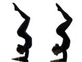 Two women contorsionist exercising gymnastic yoga silhouette