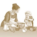 Two women cooking in the kitchen black and white vector sketch, simple drawing. Sketch Women cook in the kitchen